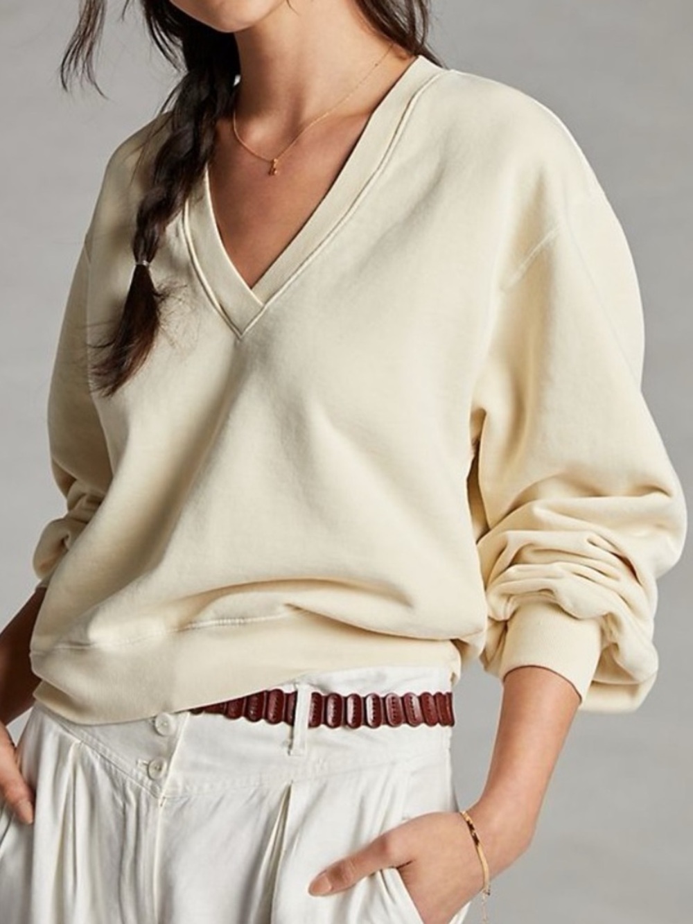 Agolde Cream V-Neck Balloon Sleeve Pullover Sweatshirt